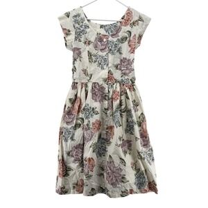 Vintage Jamie Dress Womens Size 8 Cream Floral Button Front Made In USA 80s 90S